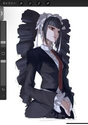 Rule 34 | 1girl, black jacket, blunt bangs, celestia ludenberg, center frills, closed mouth, collared shirt, cropped torso, danganronpa: trigger happy havoc, danganronpa (series), drill hair, frills, highres, jacket, long sleeves, necktie, open clothes, open jacket, red eyes, red necktie, shirt, smile, solo, twin drills, twintails, unfinished, uwa a!, white shirt