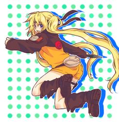 Rule 34 | 1girl, arm up, ass, bag, bandages, black jacket, blonde hair, blue eyes, blush, boo!king, boots, breasts, facial mark, facing viewer, floating hair, full body, genderswap, genderswap (mtf), hands up, happy, headband, holding, holding knife, holding kunai, holster, jacket, jumping, knife, kunai, legs up, long hair, long sleeves, looking at viewer, looking back, lowres, medium breasts, multicolored clothes, multicolored jacket, naruko (naruto), naruto, naruto (series), naruto shippuuden, ninja, open mouth, orange jacket, orange shorts, shorts, smile, solo, teeth, thigh holster, thigh strap, tongue, twintails, uzumaki naruto, very long hair, weapon, whisker markings, whiskers