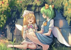 Rule 34 | 2girls, :d, ^ ^, ascot, bare legs, barefoot, blonde hair, blue dress, bow, brick wall, capelet, closed eyes, commentary, commission, daiyousei, dress, facing another, fairy wings, grass, green eyes, green hair, hair between eyes, hair bow, hat, korean commentary, lily white, long hair, looking at another, multiple girls, on grass, open mouth, outdoors, rennyang, short sleeves, side ponytail, sitting, smile, squatting, third-party source, touhou, white capelet, white dress, white headwear, wings, yellow ascot, yellow bow, yokozuwari