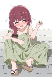 Rule 34 | 1girl, bare arms, bare shoulders, black bow, black nails, blush, bocchi the rock!, bow, braid, closed eyes, commentary request, dress, facing viewer, feet, fingernails, geta, green dress, hair bow, highres, hiroi kikuri, holding, long hair, meito (maze), nail polish, nose blush, open mouth, red hair, scrape, sharp teeth, shoe soles, simple background, single braid, sitting, sitting on stairs, sleeveless, sleeveless dress, solo, stairs, strap slip, teeth, toenail polish, toenails, white background