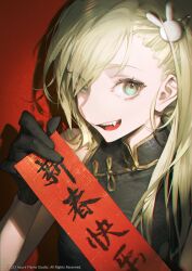 Rule 34 | 1girl, bare shoulders, blonde hair, china dress, chinese clothes, dress, fang, gloves, green eyes, hair ornament, hair over one eye, highres, long hair, looking at viewer, looking up, open mouth, original, pale skin, quuni, rabbit hair ornament, red background, simple background, solo, teeth
