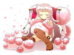 Rule 34 | 1girl, :&lt;, artist request, blush, brown thighhighs, closed eyes, cuddling, detached sleeves, iris (latale), jewelry, latale, long hair, necklace, shaggy (latale), silver hair, sitting, sleeping, smile, solid oval eyes, star (symbol), star necklace, thighhighs, very long hair, vodnik, white background, wide sleeves