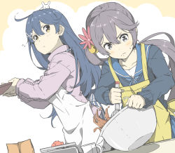 Rule 34 | 2girls, :o, ahoge, akebono (kancolle), apron, aran sweater, bad id, bad tumblr id, baking, bell, black sweater, blue hair, blue ribbon, blue sailor collar, blush, bowl, brown eyes, cable knit, chocolate, closed mouth, collarbone, concentrating, crab, dutch angle, flower, grey eyes, hair bell, hair between eyes, hair flower, hair ornament, holding, jingle bell, kantai collection, long hair, long sleeves, looking at viewer, looking to the side, multiple girls, ninimo nimo, parted lips, pink sweater, purple hair, rabbit, red flower, ribbed sweater, ribbon, sailor collar, side ponytail, sweatdrop, sweater, tareme, two-tone background, ushio (kancolle), v-shaped eyebrows, very long hair, weighing scale, whisk, white apron, x hair ornament, yellow apron