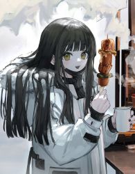 Rule 34 | 1girl, black hair, black mask, black nails, clothes writing, coat, commentary, counter, cup, earrings, english text, es-ther, food, fur-trimmed hood, fur trim, highres, holding, holding cup, holding food, holding skewer, hood, hooded coat, jewelry, kebab, long hair, looking at viewer, mask, mask pull, meat, mouth mask, nail polish, original, skewer, smoke, solo, surgical mask, symbol-only commentary, white coat