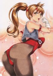 Rule 34 | 1girl, ass, breakers, breasts, brown eyes, brown hair, brown pantyhose, cleavage, cowboy shot, fighting stance, from behind, headband, jacket, legunamblack, leotard, lips, looking at viewer, marker (medium), pantyhose, ponytail, simple background, smile, solo, tia langray, traditional media, white background, wrist wrap