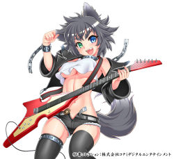 Rule 34 | 1girl, animal ears, bare shoulders, belt, black hair, black thighhighs, blue eyes, bracelet, breasts, chain, collar, crop top, crop top overhang, cutoffs, electric guitar, eyebrows, fang, gochou (kedama), green eyes, guitar, heterochromia, highres, hisho collection, instrument, jacket, jewelry, looking at viewer, medium breasts, midriff, navel, official art, open belt, open clothes, open fly, open jacket, open mouth, open shorts, shiny skin, short shorts, shorts, skindentation, smile, solo, spiked bracelet, spiked collar, spikes, tail, thigh strap, thighhighs, unbuckled, unbuttoned, underboob, unfastened, unzipped, wolf ears, zipper