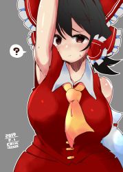 Rule 34 | 1girl, ?, arm up, armpits, ascot, bare shoulders, black hair, blush, breasts, commentary request, curvy, dated, detached sleeves, goldcoin2525, grey background, hair ribbon, hair tubes, hakurei reimu, highres, large breasts, light frown, looking at viewer, no nose, presenting armpit, red eyes, ribbon, signature, simple background, solo, spoken question mark, sweatdrop, touhou, yellow ascot