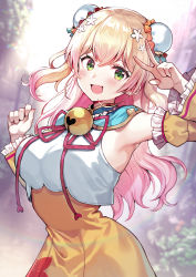 Rule 34 | 1girl, :d, absurdres, armpits, blonde hair, blush, bun cover, detached sleeves, double bun, eyebrows, flower, green eyes, hair between eyes, hair bun, hair flower, hair ornament, highres, hololive, huge filesize, long hair, looking at viewer, momosuzu nene, momosuzu nene (old design), nishizawa, open mouth, smile, solo, v, virtual youtuber