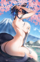 Rule 34 | 1girl, animal ears, ass, back, black hair, blue eyes, blue hair, blue sky, blush, breasts, cherry blossoms, fox ears, fox girl, fox tail, highres, large breasts, long hair, looking at viewer, mountain, naked towel, onsen, original, reiko (tofuubear), sitting, sky, soaking feet, solo, tail, thighs, tofuubear, towel, water, wet