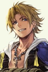 Rule 34 | 1boy, backpack, bag, blonde hair, blue eyes, chain, earrings, final fantasy, final fantasy x, grey background, grin, hood, hood down, hungry clicker, jacket, jewelry, looking at viewer, male focus, necklace, simple background, smile, solo, square enix, tidus, upper body
