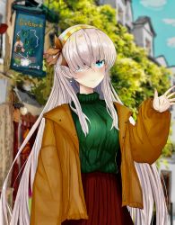 Rule 34 | 1girl, absurdres, anastasia (fate), blue eyes, blush, brown coat, city, coat, commentary request, earrings, fate (series), gahara, gold hairband, green sweater, hair between eyes, hair over one eye, hairband, highres, jewelry, light smile, long hair, red skirt, ribbed sweater, sign, silver hair, skirt, solo, sweater, tree, very long hair, waving