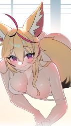 Rule 34 | 1girl, absurdres, ahoge, animal ears, ass, black hair, blonde hair, breasts, cleavage, closed mouth, fox ears, fox girl, fox tail, hair between eyes, hair over shoulder, highres, hololive, large breasts, long hair, looking at viewer, lying, multicolored hair, omaru polka, on stomach, pink hair, purple eyes, smile, smug, solo, strap slip, streaked hair, tail, thick eyelashes, virtual youtuber, yuuppi