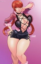 Rule 34 | 1girl, black dress, breasts, brown hair, cleavage, commentary, cropped jacket, darkereve, dress, fur trim, hair between eyes, hand up, highres, huge breasts, jacket, lips, long hair, looking at viewer, low twintails, open clothes, open jacket, open mouth, pink jacket, shermie (kof), shiny skin, short dress, simple background, solo, the king of fighters, thick thighs, thighs, twintails
