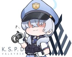 Rule 34 | 1girl, black vest, blue archive, blue background, blue hat, blue necktie, blue pants, chibi, collared shirt, commentary request, cuffs, eighth note, facing viewer, gloves, grey hair, hair between eyes, hair over eyes, halo, handcuffs, hat, holding, key, musical note, necktie, nyaru (nyaru 4126), pants, peaked cap, police hat, shaded face, shirt, short sleeves, simple background, solo, valkyrie police academy student (blue archive), vest, white gloves, white shirt