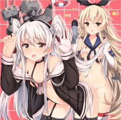 Rule 34 | 10s, 2girls, :o, amatsukaze (kancolle), anchor, blonde hair, blush, bottomless, breasts, brown eyes, dress, elbow gloves, garter straps, gloves, hair ornament, hairband, holding, holding hair, japanese clothes, jianren, kantai collection, kimono, long hair, looking at viewer, multiple girls, navel, open clothes, open kimono, open mouth, rensouhou-chan, rensouhou-kun, sailor dress, school uniform, serafuku, shimakaze (kancolle), short dress, silver hair, single glove, skirt, small breasts, striped clothes, striped legwear, striped thighhighs, thighhighs, torpedo, twintails, two side up, white gloves, yuri
