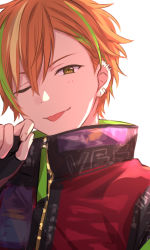 Rule 34 | &gt; o, 1boy, ;p, black gloves, ear piercing, earrings, fingerless gloves, gloves, green eyes, green hair, hand up, high collar, highres, jacket, jewelry, looking at viewer, male focus, multicolored hair, multiple earrings, one eye closed, orange hair, piercing, project sekai, sekina, shinonome akito, short hair, solo, tongue, tongue out, two-tone hair, upper body, white background