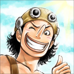 Rule 34 | 1boy, bandana, black hair, goggles, lowres, male focus, one piece, overalls, smile, solo, usopp, wink