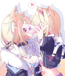 Rule 34 | 2girls, animal ear fluff, animal ears, arm around shoulder, black collar, black jacket, blonde hair, blue hair, breasts, capuchi (111cappuccino), cellphone, cleavage, collar, dog ears, extra ears, fur-trimmed jacket, fur trim, fuwawa abyssgard, fuwawa abyssgard (1st costume), heart, highres, holding, holding phone, hololive, hololive english, implied kiss, incest, jacket, long sleeves, medium breasts, mococo abyssgard, mococo abyssgard (1st costume), multicolored hair, multiple girls, navel, phone, pink hair, smartphone, spoken heart, streaked hair, upper body, virtual youtuber, yuri