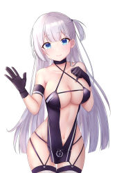 Rule 34 | 1girl, absurdres, alternate costume, armband, azur lane, bare shoulders, black gloves, blue eyes, breasts, cleavage, cloud, collarbone, commentary request, confetti, cowboy shot, criss-cross halter, flag, gloves, halterneck, hand on own chest, highres, jyu-so, large breasts, logo, long hair, looking at viewer, mole, mole under eye, navel, one side up, petals, race queen, revealing clothes, revision, shoukaku (azur lane), shoukaku (sororal wings) (azur lane), simple background, sky, smile, solo, thighhighs, waving, white background, white hair, white thighhighs