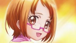 Rule 34 | 10s, 1girl, :d, brown eyes, from behind, glasses, looking at viewer, looking back, non-web source, official art, open mouth, orange hair, portrait, precure, screencap, shirabe ako, short hair, smile, solo, suite precure