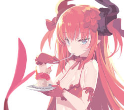 Rule 34 | 1girl, bikini, blade (galaxist), blue eyes, blush, bow, bowtie, breasts, cupcake, eating, elizabeth bathory (fate), elizabeth bathory (fate/extra ccc), fate/grand order, fate (series), flower, food, fork, frilled bikini, frilled gloves, frills, gloves, hair flower, hair ornament, hair ribbon, horns, long hair, looking at viewer, pink hair, plate, pointy ears, ribbon, simple background, small breasts, solo, swimsuit, tail, two side up, upper body, white background