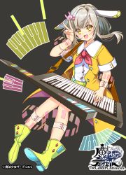 Rule 34 | 1girl, :d, boots, copyright name, fujishiro kokoa, full body, grey background, grey hair, hair ornament, hairclip, instrument, invisible chair, keyboard (instrument), keytar, looking at viewer, official art, open mouth, sitting, smile, solo, the caster chronicles, v, watermark, yellow eyes, yellow footwear