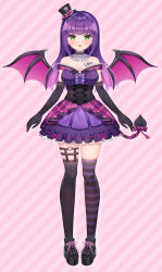 Rule 34 | 1girl, :d, absurdres, asymmetrical legwear, bat wings, black corset, black gloves, black hat, black thighhighs, blunt bangs, blush, boots, bow, breasts, chest tattoo, cleavage, collar, commentary request, corset, demon horns, demon wings, elbow gloves, eyebrows hidden by hair, fangs, footwear bow, frilled collar, frilled shirt, frills, full body, gem, gloves, green eyes, hat, hat bow, highres, horns, indie virtual youtuber, kurono kureha, lace, lace-trimmed gloves, lace trim, layered skirt, leather strap, medium breasts, mini hat, mini top hat, mismatched legwear, mole, mole under eye, off shoulder, official art, open mouth, pink background, pink bow, platform boots, platform footwear, purple bow, purple hair, purple shirt, purple skirt, purple thighhighs, ribbon-trimmed skirt, ribbon trim, shiono (0303), shirt, sidelocks, skirt, smile, solo, standing, star (symbol), striped background, striped clothes, striped thighhighs, tattoo, thigh strap, thighhighs, top hat, virtual youtuber, wings