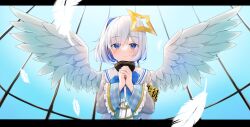 Rule 34 | 1girl, absurdres, amane kanata, angel, angel wings, blue eyes, blue hair, blush, closed mouth, colored inner hair, commentary request, falling feathers, feathered wings, feathers, grey shirt, halo, highres, hololive, long sleeves, looking at viewer, multicolored hair, own hands together, rate mogyu, sailor collar, shirt, short hair, smile, solo, star halo, straight-on, streaked hair, upper body, virtual youtuber, white sailor collar, white wings, wings, yellow halo