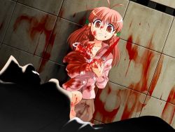 Rule 34 | 1girl, ahoge, aibara natsumi, blood, blood on face, blood splatter, blood stain, blood on clothes, blood on hands, bloody knife, bloody weapon, death, flat chest, game cg, guro, hello world, hello world., kinriki mantou, knife, murder, rape, red eyes, red hair, scared, solo, strap slip, weapon
