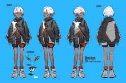 Rule 34 | 1boy, arms at sides, blue background, blue eyes, color guide, commentary request, dark-skinned male, dark elf, dark skin, ear piercing, earrings, elf, from behind, grey hair, highres, jewelry, looking at viewer, looking to the side, multiple views, original, piercing, pointy ears, shoes, shorts, sneakers, standing, trap, yoruhachi