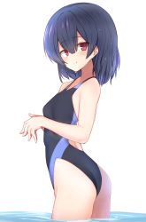 Rule 34 | 1girl, alternate costume, ass, azu ankoowl, black one-piece swimsuit, blue hair, competition swimsuit, cowboy shot, highres, idolmaster, idolmaster shiny colors, looking at viewer, medium hair, morino rinze, one-piece swimsuit, red eyes, short hair, simple background, solo, swimsuit, white background