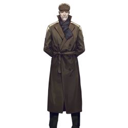 Rule 34 | 1boy, arms behind back, artist request, beard, belt, black belt, black necktie, black pants, black scarf, brown coat, brown headwear, buttons, closed mouth, coat, double-breasted, facial hair, feet out of frame, general carter (girls&#039; frontline), girls&#039; frontline, green coat, green shirt, kcco (girls&#039; frontline), long coat, long sleeves, looking at viewer, male focus, mustache, necktie, official art, old, old man, pants, scarf, shirt, short hair, simple background, solo, standing, transparent background, white hair