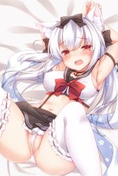 Rule 34 | 1girl, anchor choker, animal ears, arm strap, armpits, ass, azur lane, bare shoulders, bed sheet, black bow, blush, bound, bound wrists, bow, breasts, brown eyes, cat ears, choker, covered erect nipples, embarrassed, fang, frilled thighhighs, frills, hair between eyes, hair bow, knees up, long hair, looking at viewer, lying, medium breasts, minakami rinka, navel, on back, on bed, open mouth, panties, pleated skirt, pussy, pussy peek, ribbon, sailor collar, shawl, shiny skin, shirt, sideboob, sidelocks, silver hair, skirt, sleeveless, solo, suspenders, thighhighs, thighs, twintails, underwear, white thighhighs, yukikaze (azur lane)