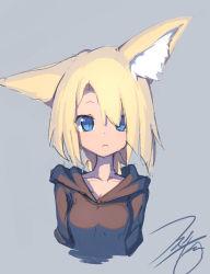 Rule 34 | 1girl, absurdres, animal ears, artist request, blonde hair, blue eyes, fox ears, grey background, highres, looking at viewer, simple background, solo, upper body
