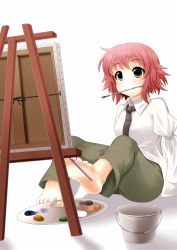 Rule 34 | 10s, 1girl, amputee, armless amputee, art brush, barefoot, between toes, bucket, canvas (object), double amputee, easel, feet, green eyes, highres, katawa shoujo, left-handed, necktie, paintbrush, painting (action), palette (object), red hair, school uniform, short hair, smile, solo, sudou noboru, tezuka rin