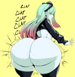 Rule 34 | 1girl, ass, ass clapping, ass focus, ass shake, back, bottomless, colored sclera, curvy, cyberpunk (series), cyberpunk edgerunners, english text, from behind, gradient hair, green eyes, green hair, highres, huge ass, leather, long hair, long sleeves, looking at viewer, looking back, motion lines, multicolored hair, pale skin, pink hair, rebecca (cyberpunk), red sclera, shrug (clothing), smile, solo, sound effects, sunglasses on head, thecon, thick thighs, thighhighs, thighs, twerking, wide hips, yellow background