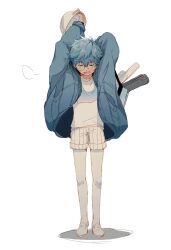 Rule 34 | 1boy, amidura, arms up, bag, baseball cap, blue bag, blue hair, closed eyes, facing down, fate/extra, fate/extra ccc, fate/grand order, fate (series), full body, glasses, hans christian andersen (fate), hat, highres, holding, holding bag, holding clothes, holding hat, jacket, long sleeves, male focus, open clothes, open jacket, open mouth, pantyhose, ribbed shorts, round eyewear, shirt, shoes, short hair, shorts, shoulder bag, simple background, solo, standing, tiptoes, unworn headwear, white background, white footwear, white pantyhose, white shirt, white shorts