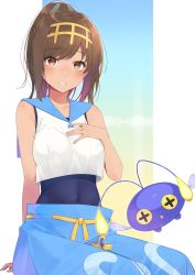 Rule 34 | 1girl, blue pants, blue sailor collar, blush, brown eyes, brown hair, chinchou, cosplay, covered navel, creatures (company), dark-skinned female, dark skin, game freak, gen 2 pokemon, grin, hairband, hand on own chest, headband, highres, i-401 (kancolle), kantai collection, lana (pokemon), lana (pokemon) (cosplay), looking at viewer, nezumi doshi, nintendo, one-piece swimsuit, pants, parted lips, pokemon, pokemon sm, sailor collar, school swimsuit, shirt, short ponytail, sleeveless, sleeveless shirt, smile, swimsuit, swimsuit under clothes