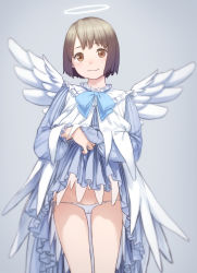 Rule 34 | 1girl, angel wings, bad id, bad twitter id, blue dress, bow, bowtie, brown eyes, brown hair, clothes lift, copyright request, cowboy shot, dress, dress lift, halo, highres, inactive account, panties, pastime774, short hair, side-tie panties, solo, underwear, white panties, wings