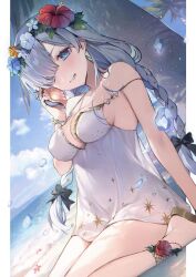 Rule 34 | 1girl, absurdres, anastasia (fate), anastasia (swimsuit archer) (fate), anastasia (swimsuit archer) (second ascension) (fate), bare shoulders, beach, blue eyes, blue sky, blush, bow, braid, breasts, cleavage, collarbone, dress, dress swimsuit, fate/grand order, fate (series), flower wreath, grin, hair bow, hair over one eye, head wreath, highres, large breasts, long hair, looking at viewer, palm tree, revision, sandals, seashell, shell, shore, sitting, sky, smile, solo, thighs, tree, twin braids, very long hair, vivi (eve no hakoniwa), wariza, white dress, white hair