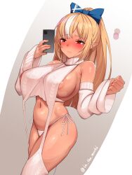 Rule 34 | 1girl, alternate costume, areola slip, ayagi daifuku, bare shoulders, bikini, blonde hair, blue bow, blunt ends, blush, bow, breasts, cellphone, closed mouth, commentary request, cowboy shot, dark-skinned female, dark elf, dark skin, detached sleeves, elf, hair bow, highres, holding, holding phone, hololive, large breasts, long hair, meme attire, multicolored hair, navel, phone, pointy ears, red eyes, selfie, shiranui flare, side-tie bikini bottom, smartphone, solo, streaked hair, swimsuit, thighs, twitter username, two-tone hair, virgin destroyer sweater, virtual youtuber, white hair