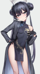 Rule 34 | 1girl, absurdres, black dress, black gloves, black hair, blue archive, blush, braid, braided bun, breasts, butterfly hair ornament, china dress, chinese clothes, coat, double bun, dragon print, dress, gloves, grey coat, grey eyes, hair bun, hair ornament, half gloves, halo, highres, kisaki (blue archive), long hair, long sleeves, looking at viewer, monegi, off shoulder, pelvic curtain, pinstripe pattern, short dress, side slit, small breasts, solo, striped, striped coat, thighs, twintails, vertical-striped coat