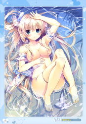 Rule 34 | 1girl, absurdres, arm strap, arm up, barefoot, blonde hair, blue bow, blue eyes, blush, bow, breasts, cleavage, collarbone, feet, from above, hair between eyes, hair bow, hair censor, highres, kinokomushi, long hair, looking at viewer, lying, medium breasts, navel, on back, one side up, original, outdoors, panties, parted lips, solo, thighlet, toes, topfreedom, topless, underwear, very long hair, water, white panties