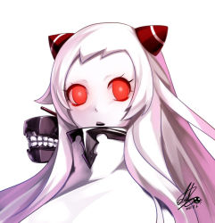 Rule 34 | 10s, 1girl, abyssal ship, airfield princess, darkmaya, horns, kantai collection, long hair, open mouth, pale skin, red eyes, solo, teeth, upper body, white hair