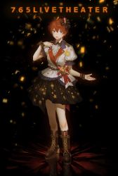 Rule 34 | 1girl, absurdres, asymmetrical clothes, black background, blue eyes, blurry, blush, boots, bow, confetti, cross-laced footwear, depth of field, dream prelude (idolmaster), english text, frilled sleeves, frills, full body, hair bow, hand on own shoulder, highres, idolmaster, idolmaster million live!, idolmaster million live! theater days, julia (idolmaster), knee boots, lace-up boots, looking at viewer, puffy short sleeves, puffy sleeves, red hair, reflection, reflective floor, short hair, short sleeves, skirt, smile, solo, standing, wrist cuffs, yatatashira