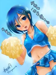 Rule 34 | 1girl, artist name, bad id, bad twitter id, blue eyes, blue hair, blue panties, blue shirt, blue skirt, blue thighhighs, breasts, cheerleader, cleavage, commentary request, cowboy shot, crop top, dutch angle, fang, hair ornament, hairclip, haruhata mutsuki, holding, looking at viewer, medium breasts, microskirt, midriff, navel, open mouth, original, panties, pantyshot, pleated skirt, pom pom (cheerleading), shirt, short hair, signature, skirt, sleeveless, sleeveless shirt, smile, solo, standing, striped clothes, striped skirt, thighhighs, translated, twitter username, underwear