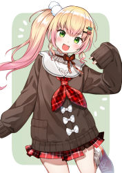 Rule 34 | 1girl, :d, ascot, blonde hair, bow, cardigan, fang, frills, green eyes, hair ornament, hairclip, highres, hololive, long hair, miniskirt, momosuzu nene, momosuzu nene (casual), nishizawa, open mouth, oversized clothes, plaid, plaid skirt, ribbon, side ponytail, skirt, sleeves past wrists, smile, solo, virtual youtuber