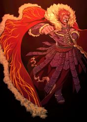 Rule 34 | 1boy, absurdres, ancient greek clothes, armor, bara, beard, belt, black background, breastplate, cape, clenched hand, facial hair, fate/zero, fate (series), full body, fur collar, greco-roman clothes, hand on own hip, highres, iskandar (fate), leather, looking at viewer, male focus, manly, miwa shirow, red eyes, red hair, simple background, skirt, smile, solo, standing, teeth