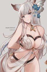 Rule 34 | 1girl, animal ears, arm behind back, bare shoulders, blue eyes, blunt bangs, blush, breasts, choker, cleavage, closed mouth, collarbone, cowboy shot, dated, erune, granblue fantasy, grey background, hair ornament, head tilt, jewelry, korwa, korwa (summer) (granblue fantasy), large breasts, light smile, long hair, looking at viewer, mimelond, navel, sidelocks, silver hair, simple background, smile, solo, stomach, thighs, twitter username