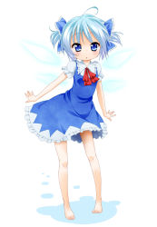 Rule 34 | 1girl, :o, ahoge, alternate hairstyle, bad id, bad pixiv id, barefoot, blue eyes, blue hair, bow, cirno, feet, full body, hair bow, jigatei (omijin), legs, matching hair/eyes, outstretched arms, short hair, short twintails, solo, spread arms, standing, embodiment of scarlet devil, touhou, twintails, wings